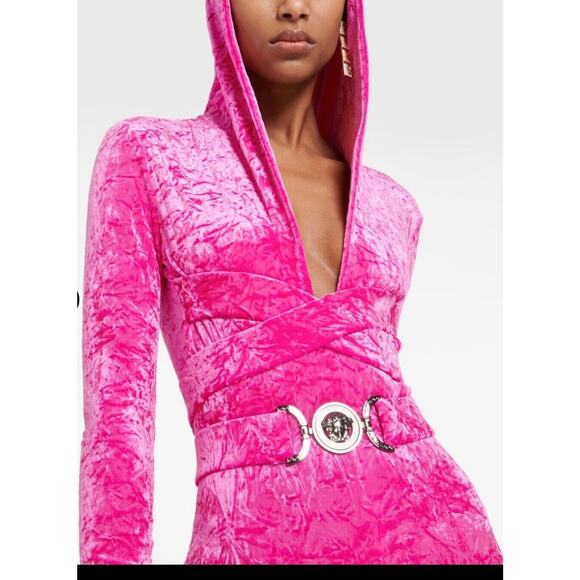 NWT Versace Jumpsuit 38 US 2 Biggie Medusa Pink Crushed Velvet Flare Leg $3,225 - Picture 4 of 15